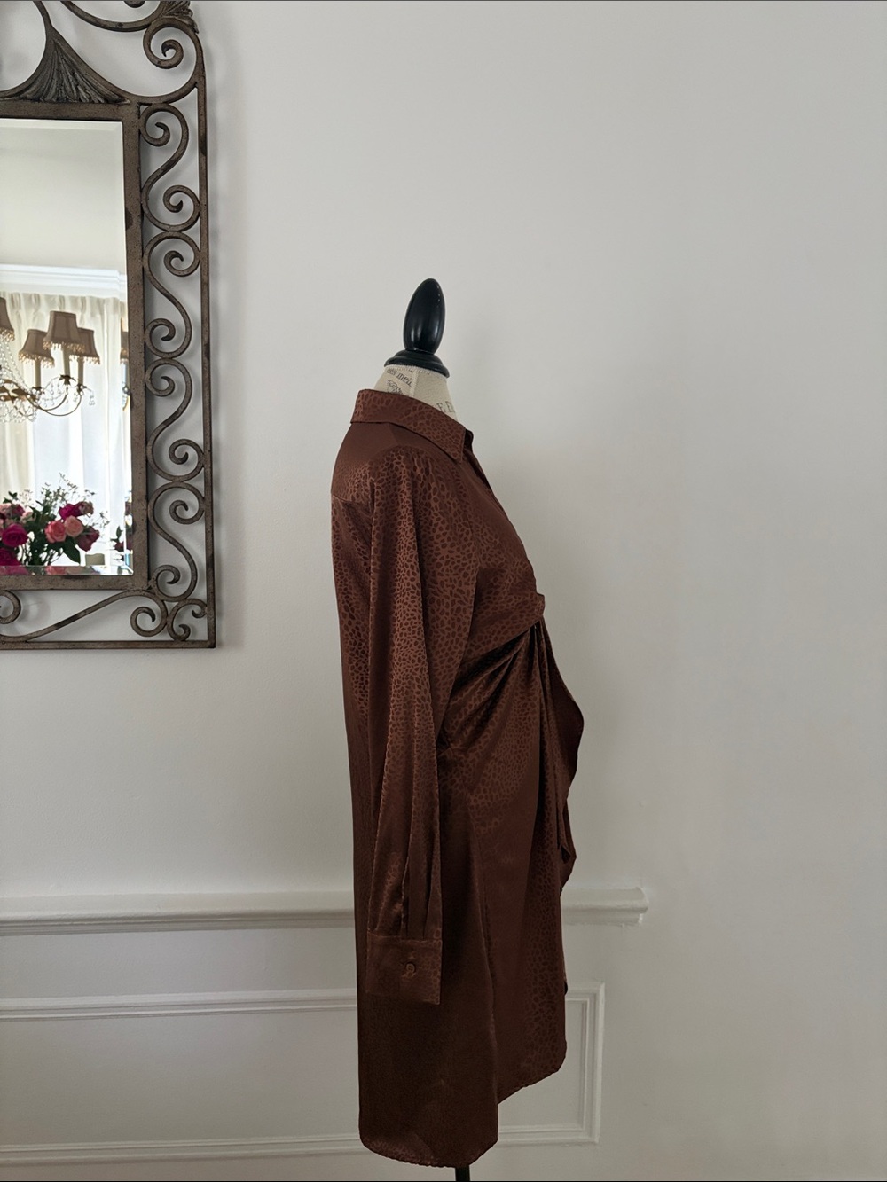 Peach Love California Brown Satin Twist-Front Long Sleeve Dress - Picture 2 of 3